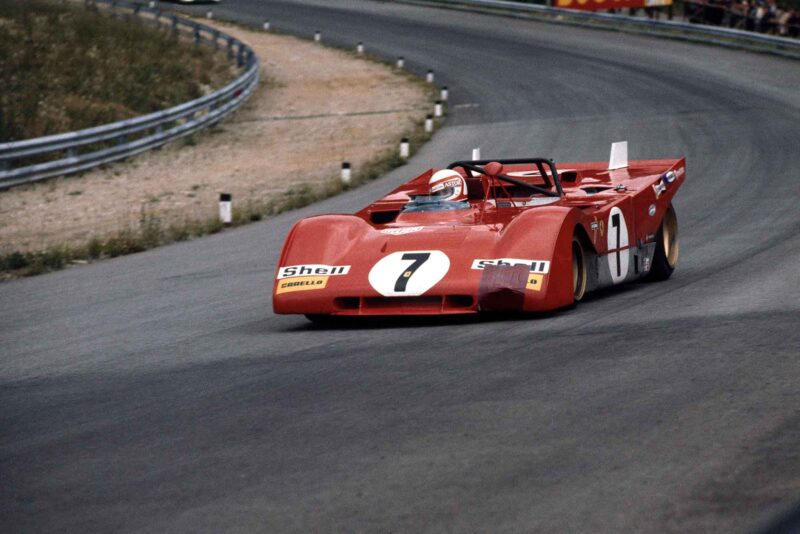 Clay Regazzoni attempting to keep his Ferrari ahead of Pedro Rodriguez's Porsche at the Austrian 1000km