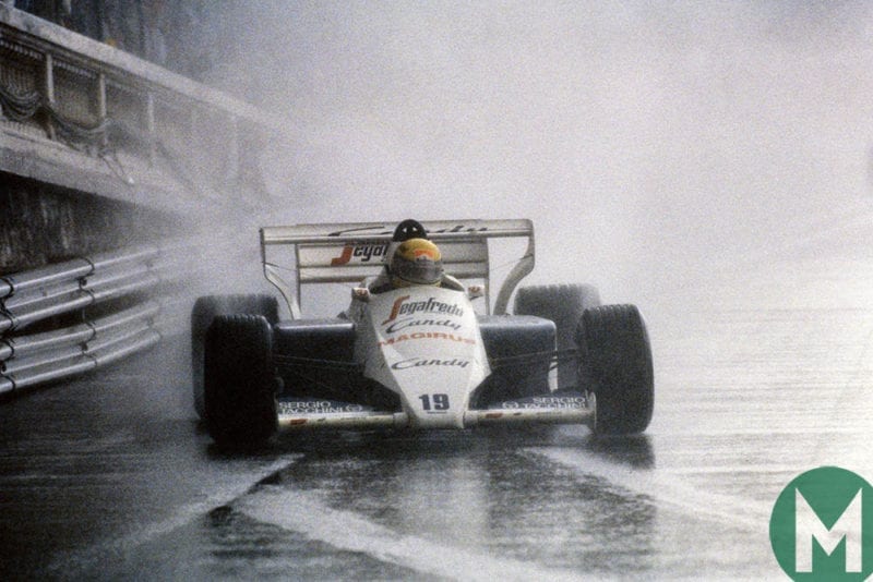 Ayrton Senna drives his Toleman through the rain at the 1984 Monaco Grand Prix