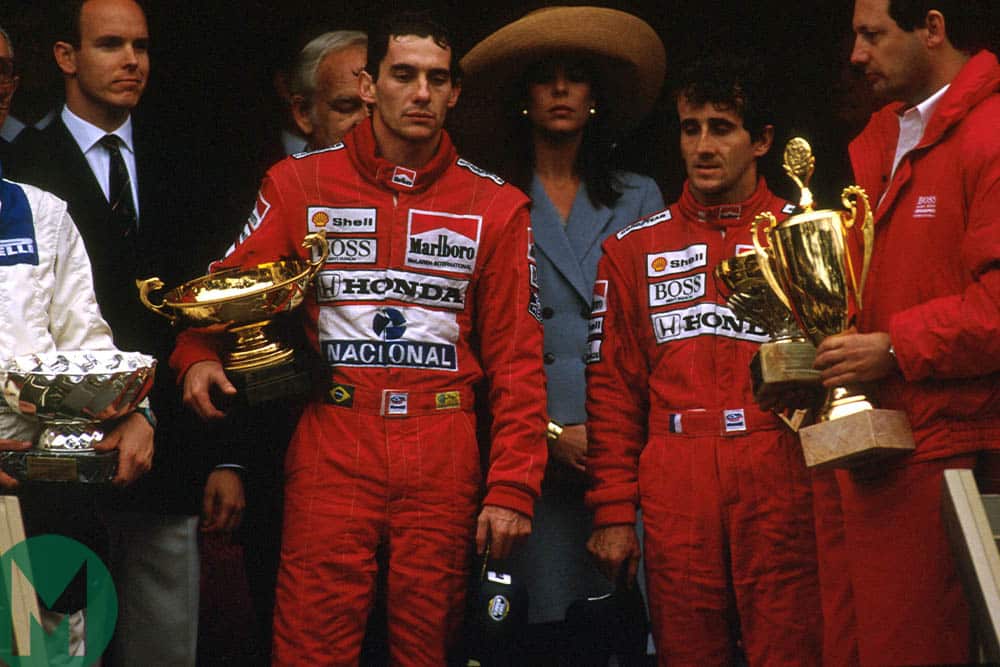 Ayrton Senna, Alain Prost, Ron Dennis and Prince Albert on the 1989 Monaco Grand Prix podium