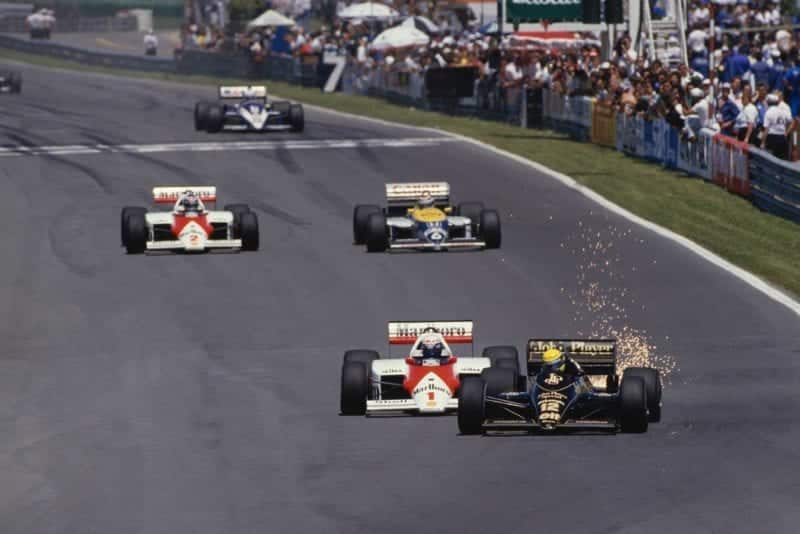 Ayrton Senna (Lotus-Renault) and Alain Prost (McLaren-Porsche) battle at 1985 Canadian Grand Prix Montreal