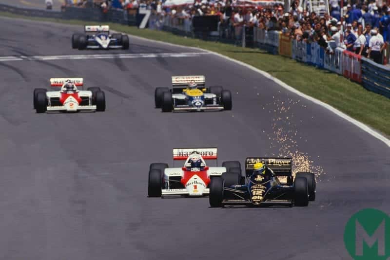 Alain Prost pushes Ayrton Senna at the 1985 Canadian Grand Prix