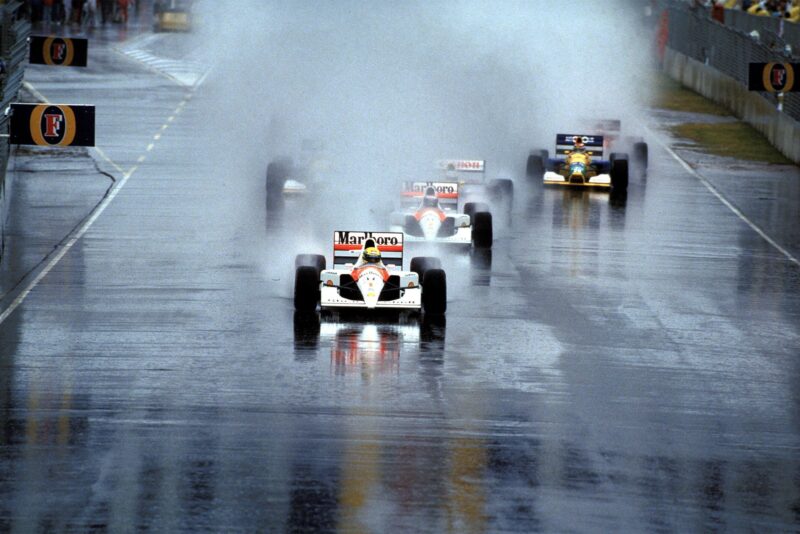 Ayrton Senna (BRA) McLaren MP4/7A chose to stay out on a damp