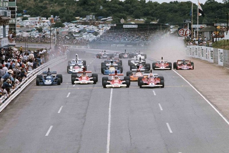 Niki Lauda's Ferrari leads the field at 1976 South African Grand Prix