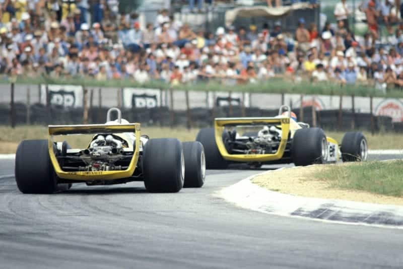 Jean-Pierre Jabouille in his Renault RE23 leads team mate and race winner Rene Arnoux, in a Renault RE21.