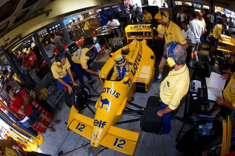 Ayrton Senna's Lotus 99T in the pit garage.