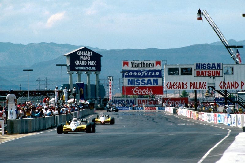Rene Arnoux (Renault RE30B) who retired from the race on lap 21 with a blown engine, leads fourth placed team mate Alain Prost.