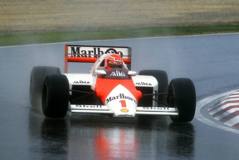 Niki Lauda in a McLaren MP4/2B, he retired from the race.