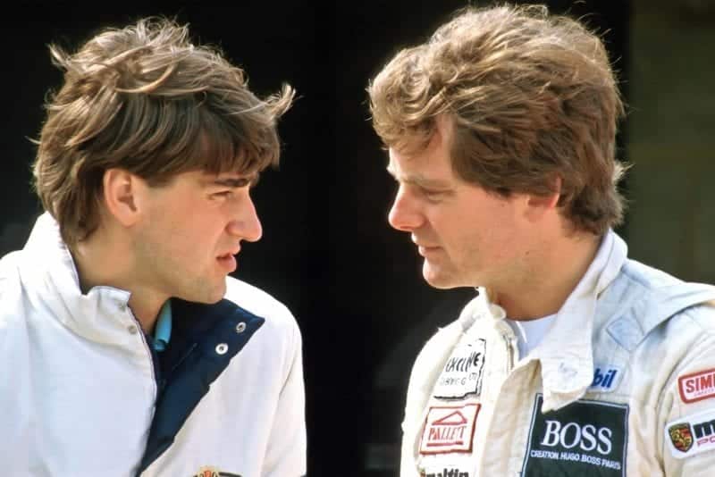 Henri Toivonen in conversation with sportscar racer Jonathan Palmer 1984