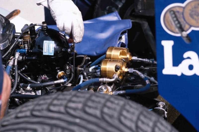 Close up detail of the 1992 Williams FW14B's rear active suspension