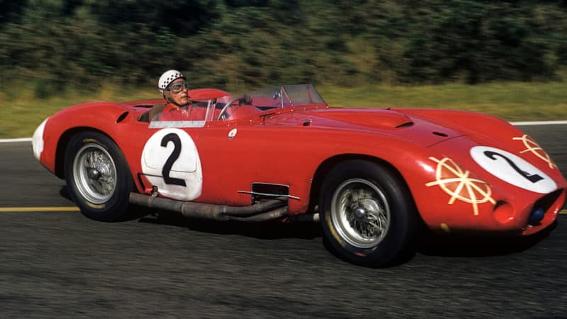Maserati of Jean Behra cornering at 1957 Le Mans 24 Hours
