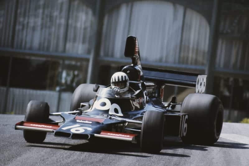 Tom Pryce oversteers through the Casino at the 1975 Monaco Grand Prix.
