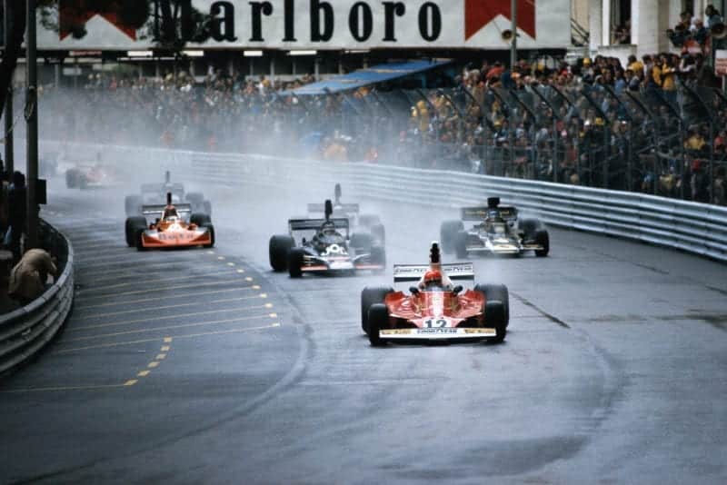Niki Lauda (Ferrari) leads at the start of the 1975 Monaco Grand Prix.