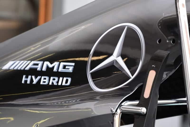 Close up of Mercedes engine cover during F1 testing 2014