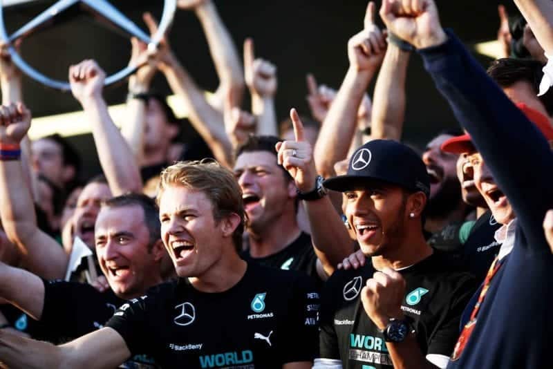Nico Rosberg, Lewis Hamilton and Mercedes F1 team celebrate 2014 constructors title at Russian Grand Prix