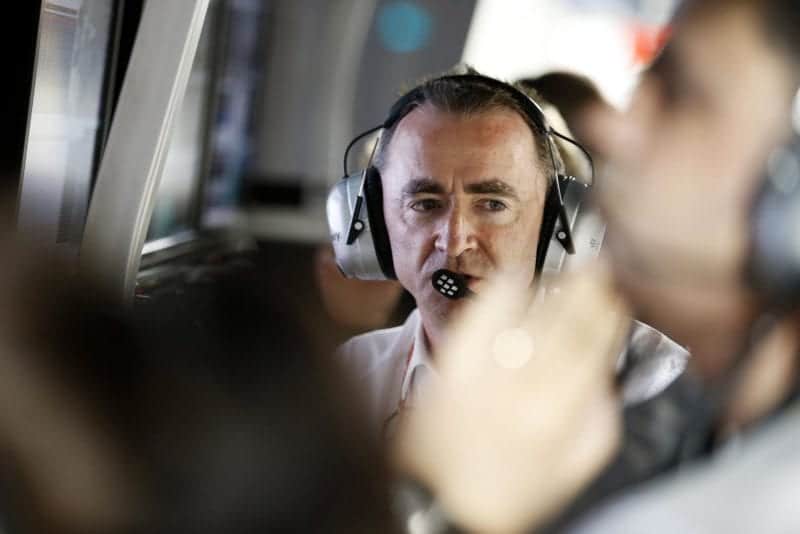 Paddy Lowe on the Mercedes pit wall at Bahrain Grand Prix 2014