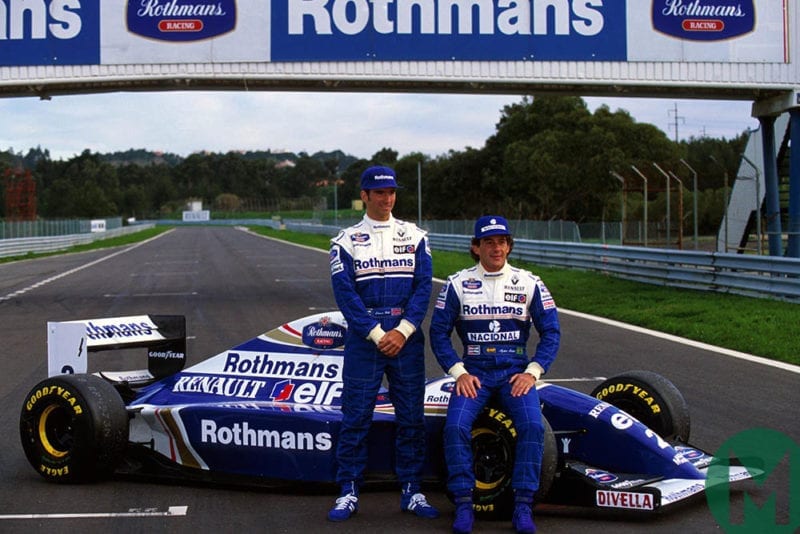 Ayrton Senna and Damon Hill pose at unveiling of 1994 Williams F1 car