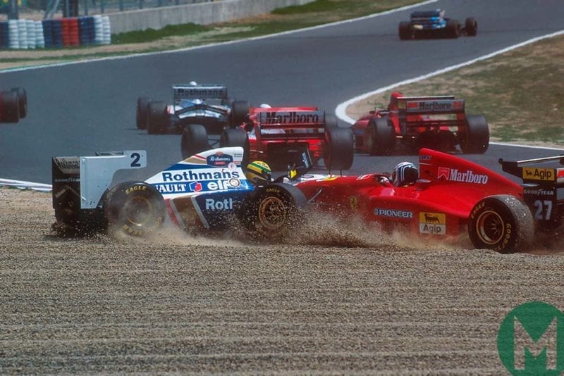 Ayrton Senna and Nicola Larini collide at the 1994 Pacific Grand Prix in Japan