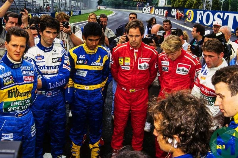 Formula 1 drivers gather to remember Ayrton Senna at the 1995 San Marino Grand Prix at Imola