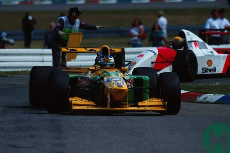 Schumacher's Benetton leads Ayrton Senna's McLaren at 1993 German Grand Prix