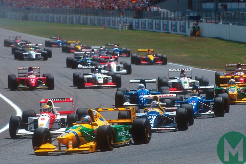 Michael Schumacher leads the pack into the first corner at 1993 German GP