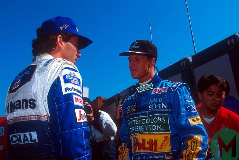 Senna and Schumacher talk during the 1994 San Marino Grand Prix