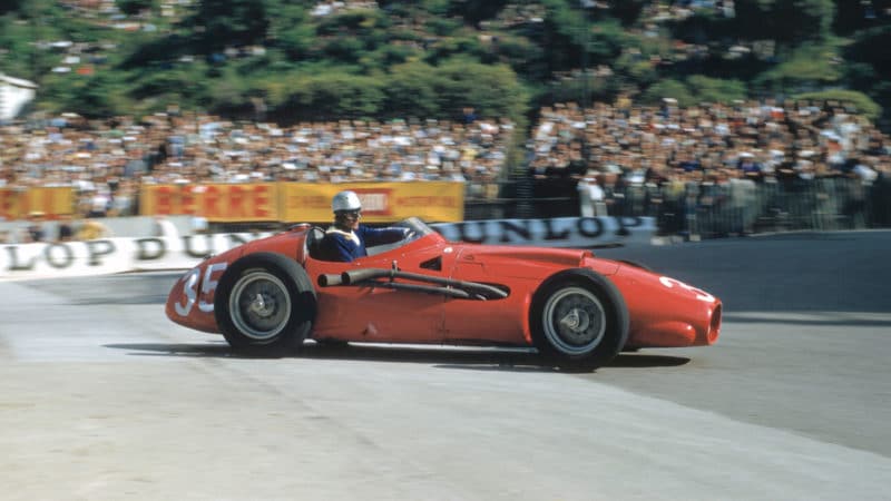 Harry Schell testing the V12 Maserati at the 1957 Monaco Grand Prix