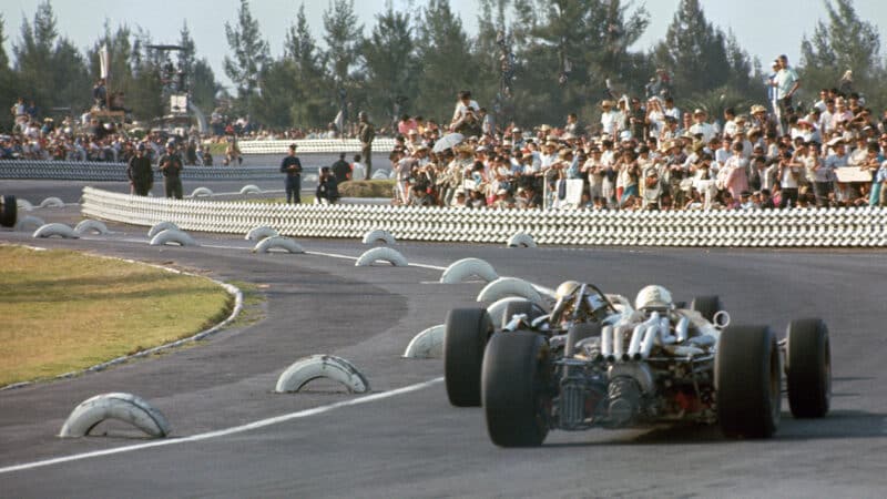 Rear view of Jack Brabham BT19 F1 car at 1966 Mexican Grand Prix