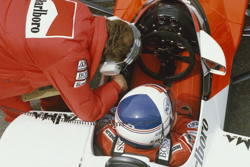 Alain Prost in the cockpit of his McLaren MP4/2-TAG Porsche.