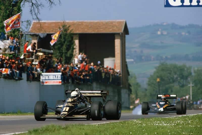 Elio de Angelis in a Lotus 95T-Renault 3rd position leads Stefan Bellof in his Tyrrell 012 Ford.
