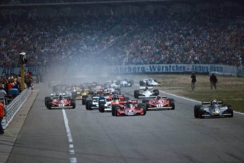 Jody Scheckter leads at the start of the 1977 German Grand Prix, Nurburgring.