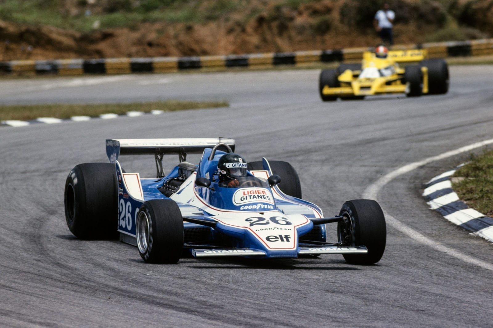 Jacques Laffite (Ligier) competing at the 1979 Brazilian Grand Prix, Interlagos.