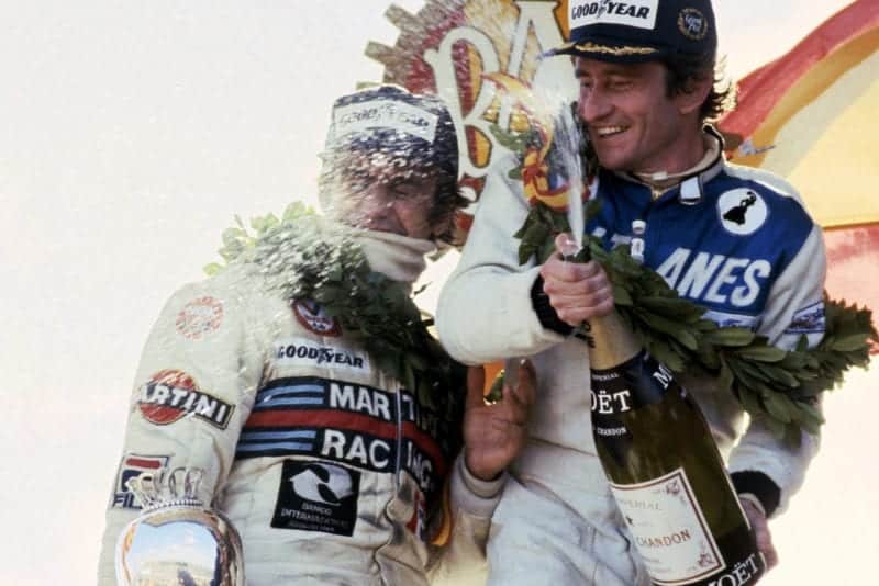 Patrick Depailler (Ligier) celebrates winning the 1979 SPanish Grand Prix, Jarama.