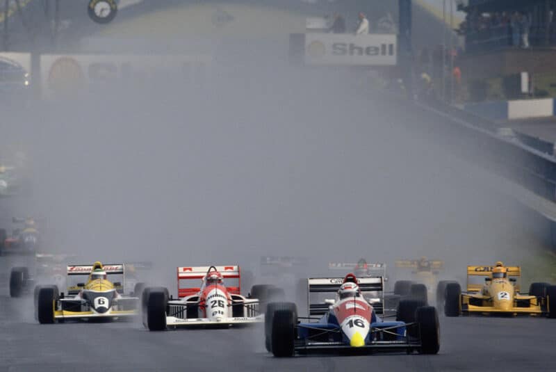 Andrea Montermini leads at the start of 1990 F3000 Donington Gold Cup race