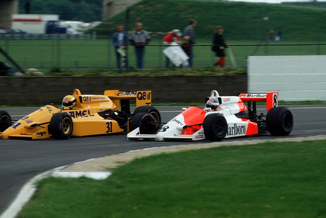 Jean Alesi battles with Johnny Herbert at Silverstone in 1988 F3000 round