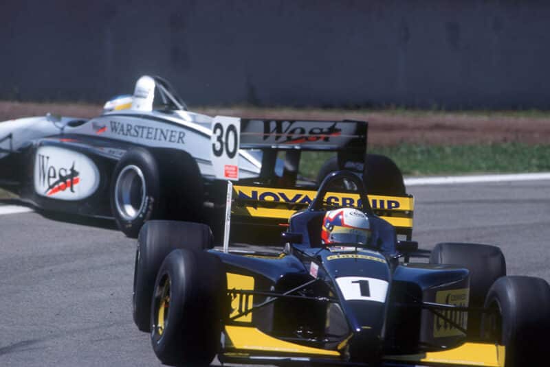 Juan Pablo Montoya drives away from spinning Nick Heidfeld to victory in 1998 F3000 Barcelona round