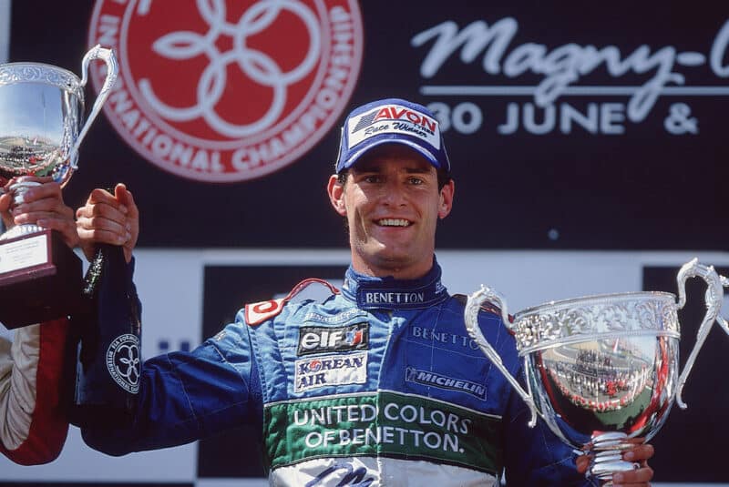 Mark Webber on podium at 2001 F3000 Magny-Cours round