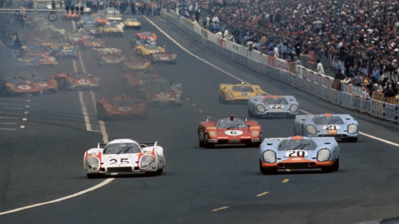 No25 and No 20 Porsche 917s at start of 1970 Le Mans 24 Hour race