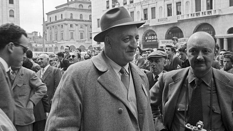 Enzo Ferrari at the start of the 1954 Mille Miglia