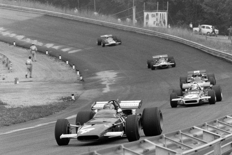 Ferrari's Ignazio Giunti leads the midfield pack at the 1970 Austrian Grand Prix.