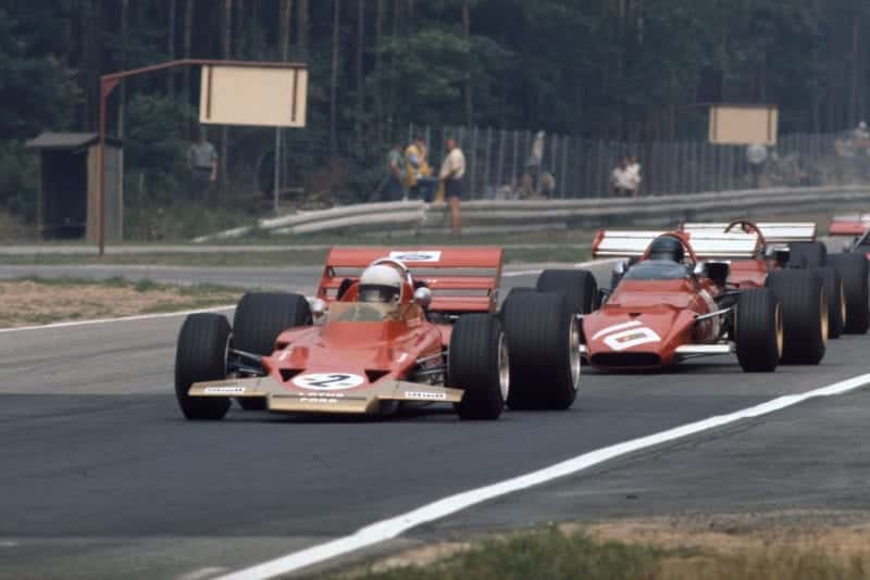 Lotus' Jochen Rindt leads Ferrari driver Jacky Ickx at the 1970 German Grand Prix
