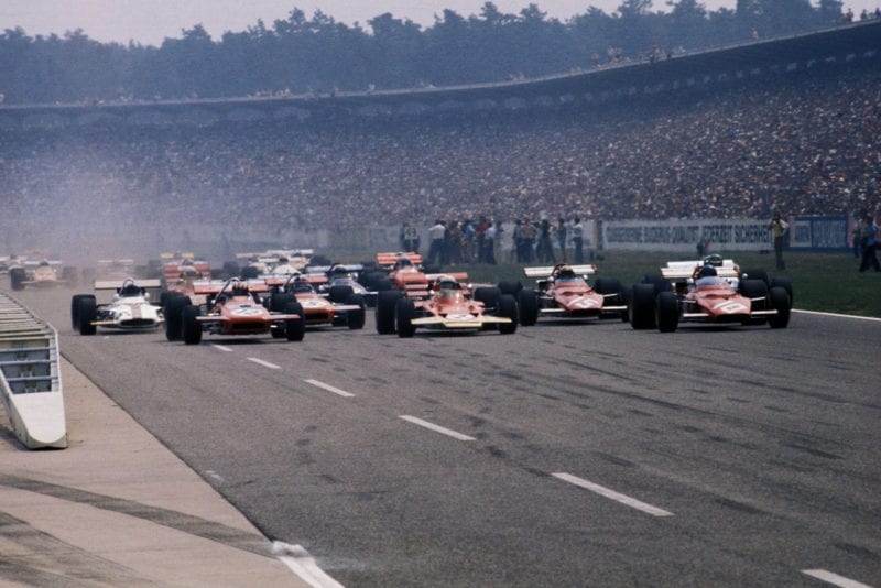 The cars pull away at the start of the 1970 German Grand Prix
