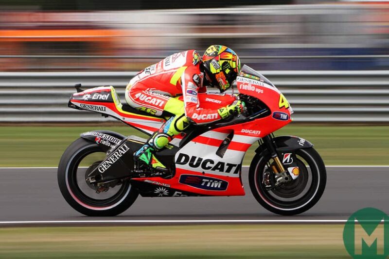 Valentino Rossi rides his Ducati at 2011 British MotoGP Silverstone