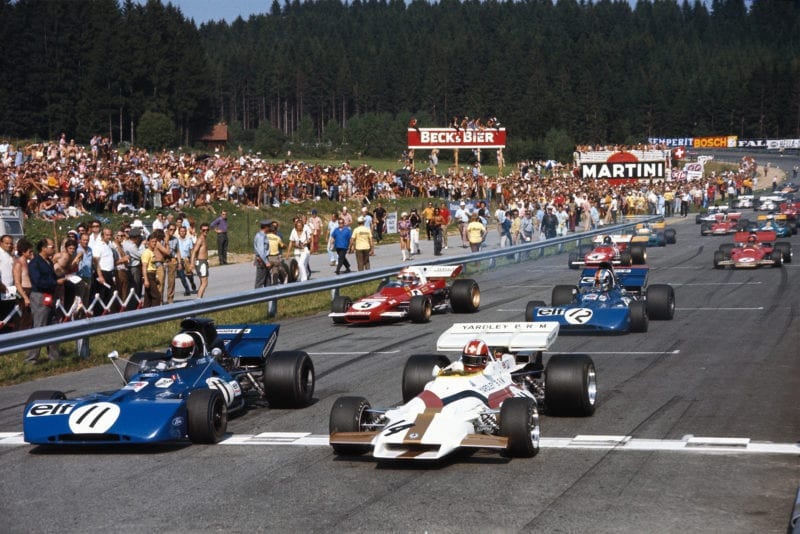 The cars pull away at the start of the 1971 Austrian Grand Prix.