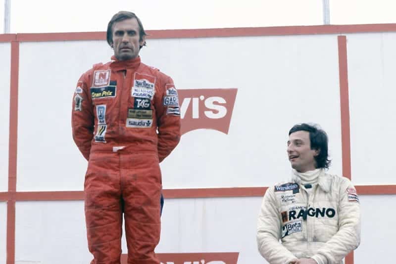 First placed Carlos Reutemann and Riccardo Patrese (3rd position) on the podium.
