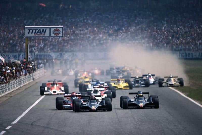 The 1977 German Grand Prix gets underway as the cars leave the grid, Hockenheim.