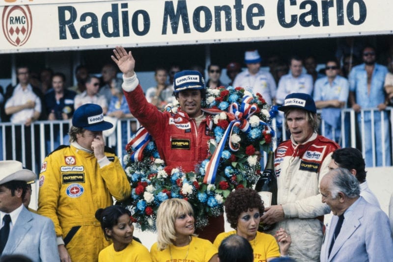 Mario Andretti (Lotus) celebrates winning the 1978 French Grand Prix, Paul Ricard.