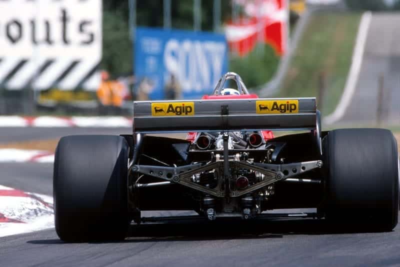 The exhausts glow on the Ferrari 126CK of Didier Pironi.