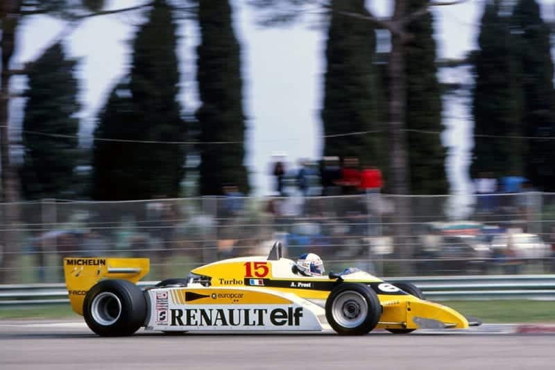 Alain Prost in his Renault RE20, retired with gearbox failure.