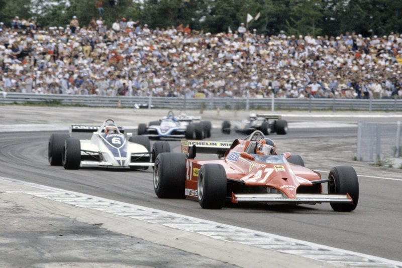 Gilles Villeneuve (Ferrari 126CK) leads Hector Rebaque (Brabham BT49C-Ford Cosworth), Jacques Laffite (Ligier JS17-Matra) and Elio de Angelis (Lotus 87-Ford Cosworth).