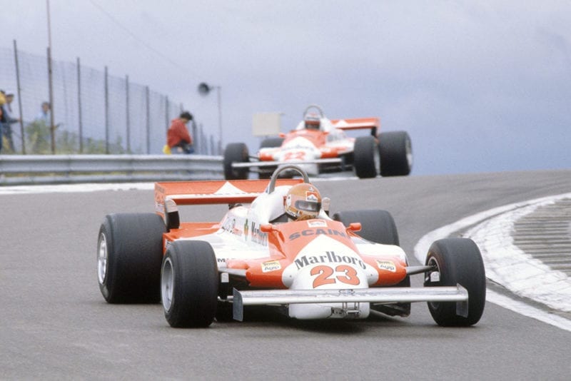 Bruno Giacomelli leads Mario Andretti (both Alfa Romeo 179B). They finished in 15th and 8th position respectively.